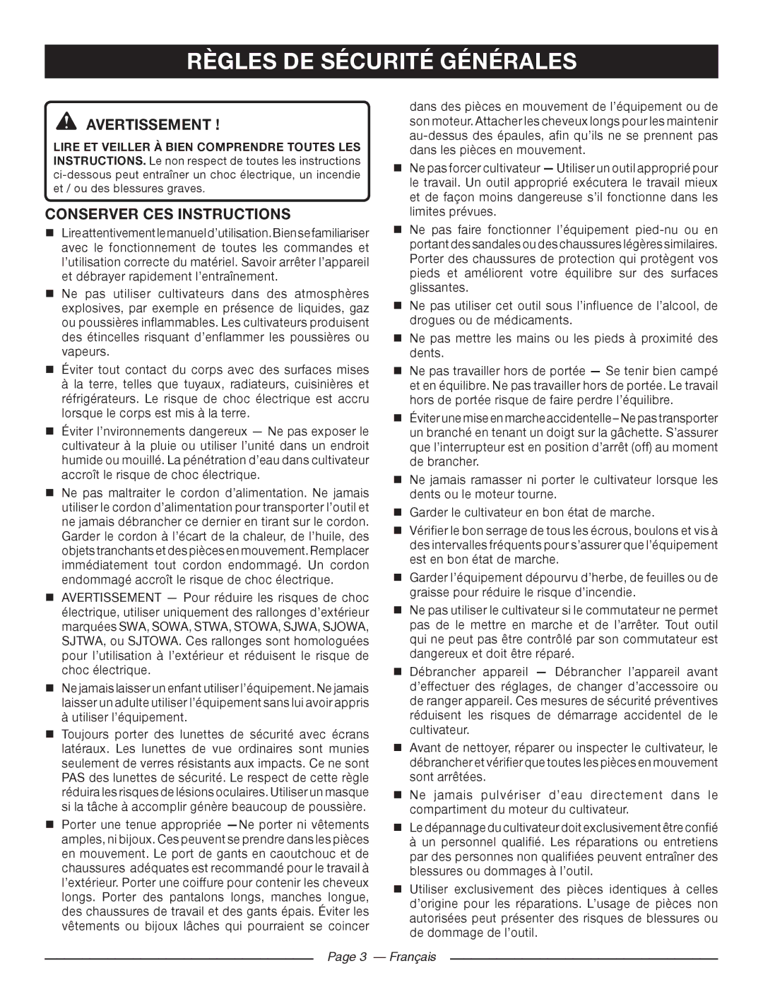 Homelite UT46510 manuel dutilisation Avertissement , Conserver ces instructions, Français 